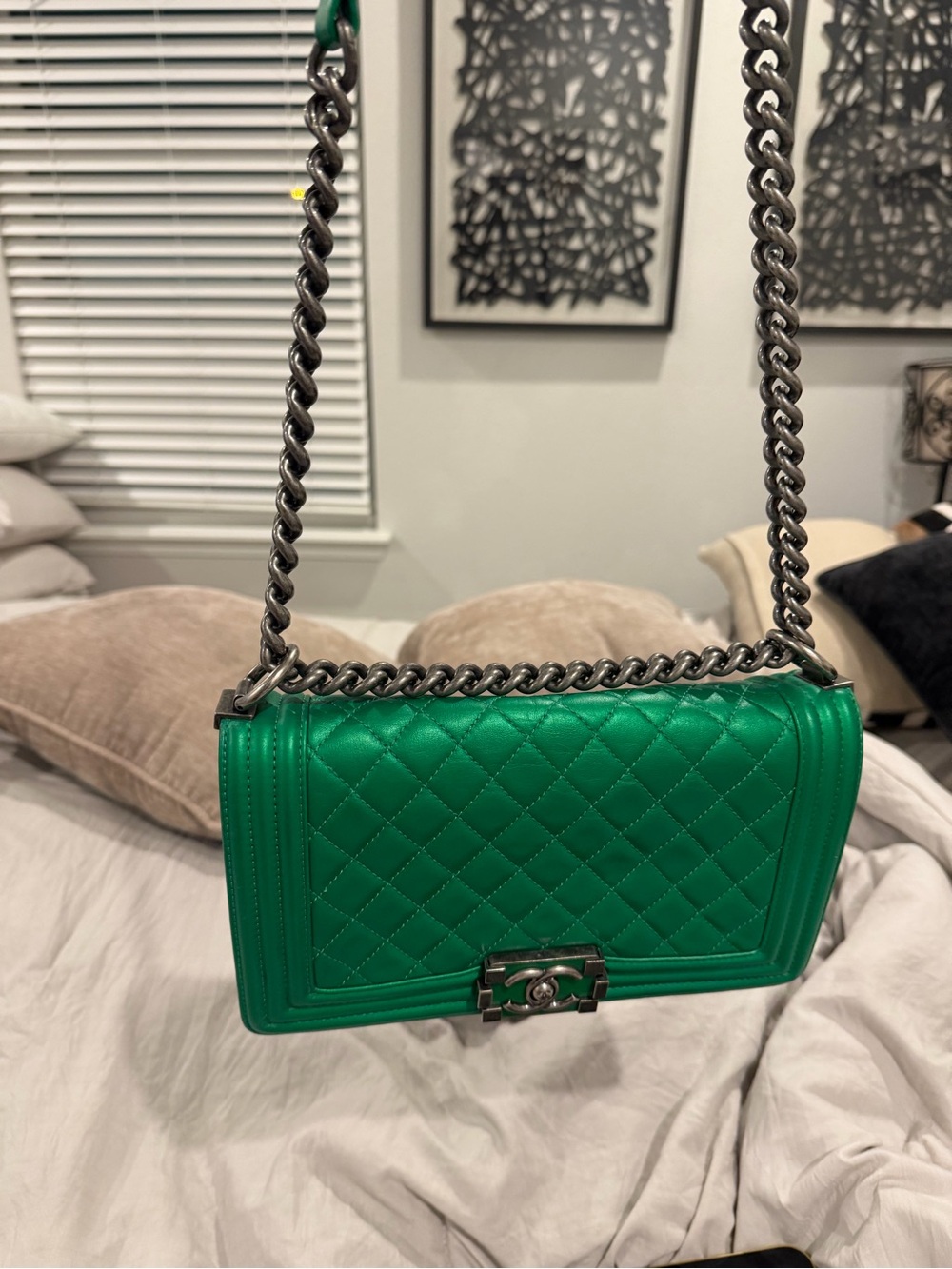 CHANEL Green Quilted Shoulder Bag with Chain Strap